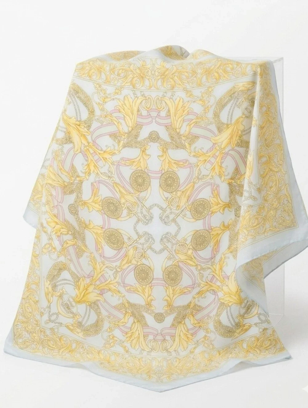 Vintage Style Square Silk Scarf Gold Baroque Key Ribbon Pattern Light Blue Edge